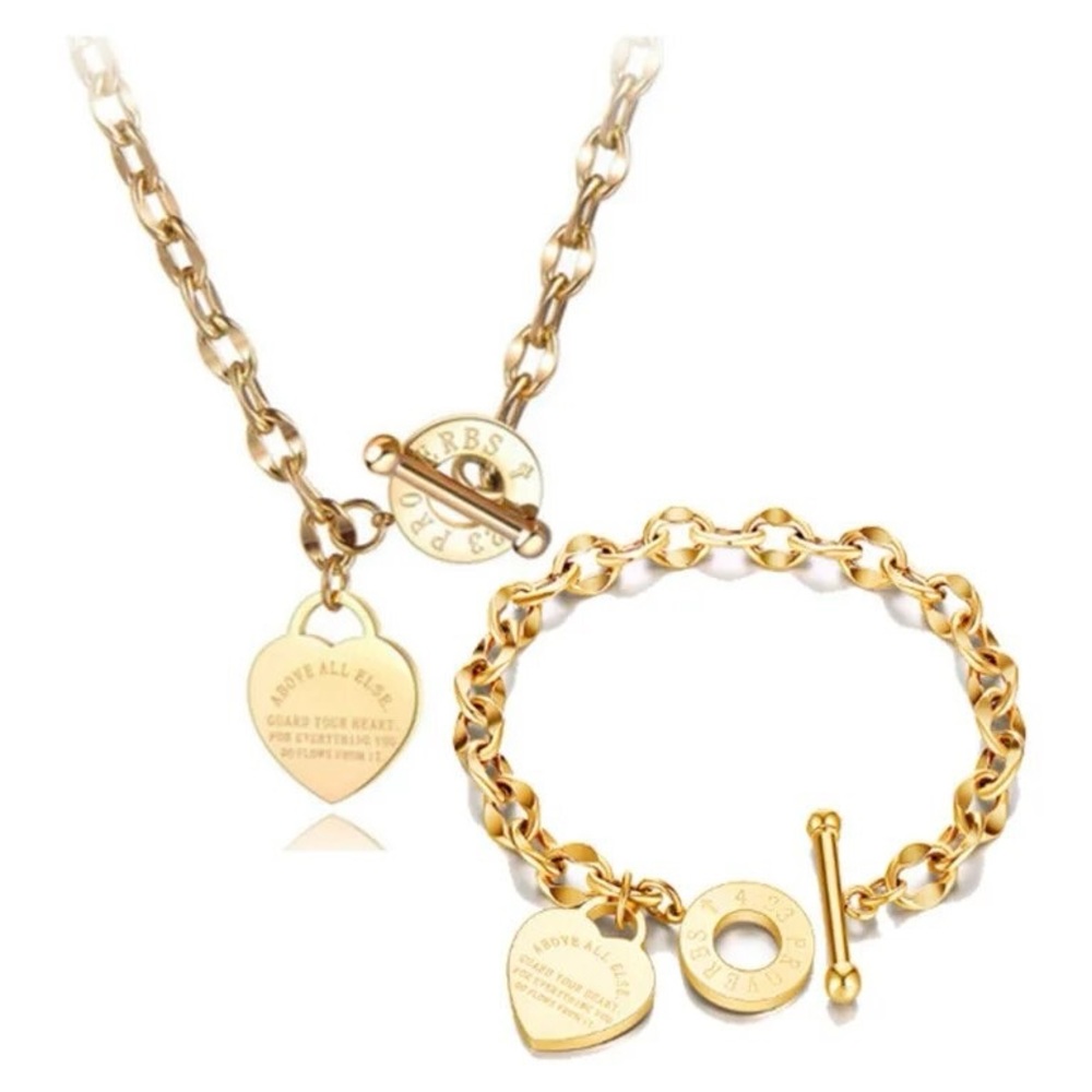 💎Stainless Steel Love Heart Engraved Bible Verse Prover 4:23 Bracelet & Necklac